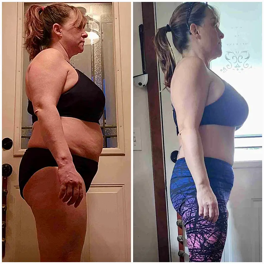Before and after side profile of a white woman after fitness program