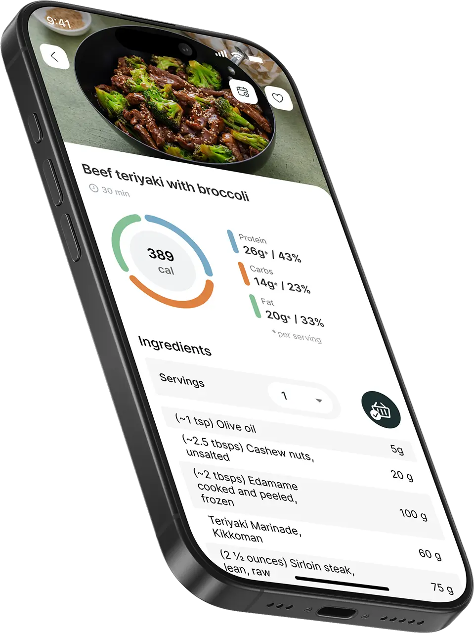 Mobile device showing a fitness app's meal prepping and macro features