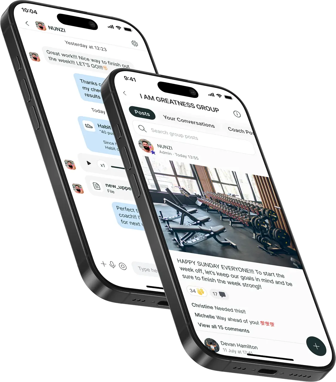 Fitness app chat features on two mobile devices
