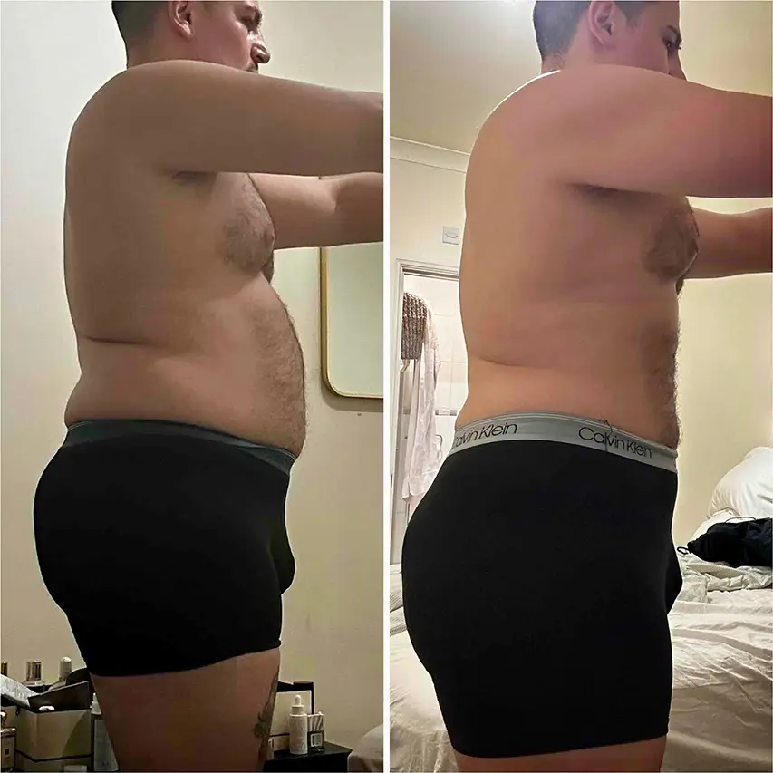 Before and after image of a heavy set white male side view of his body after fitness training