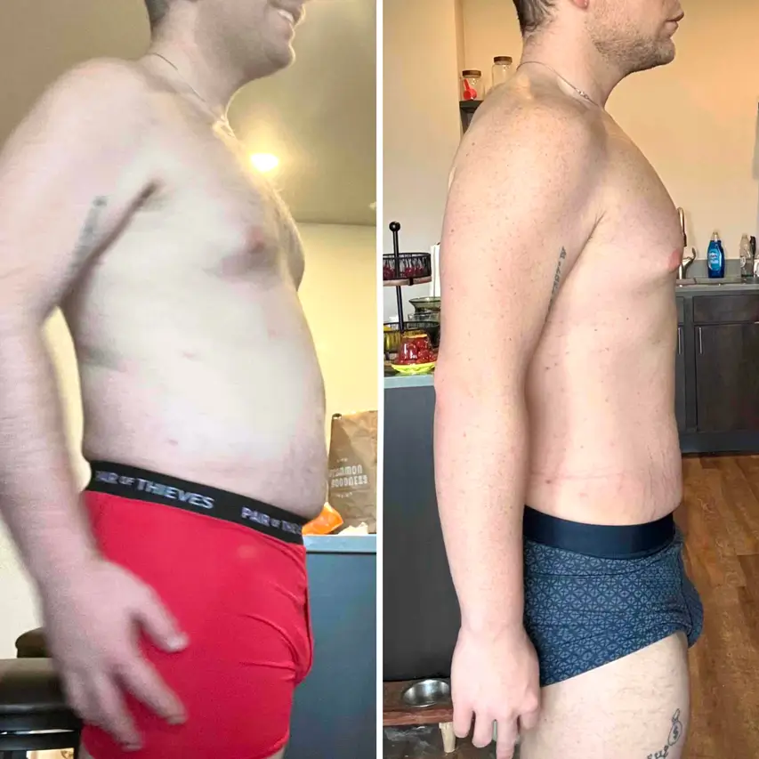 Before and after image of a white male side view of his body after fitness training