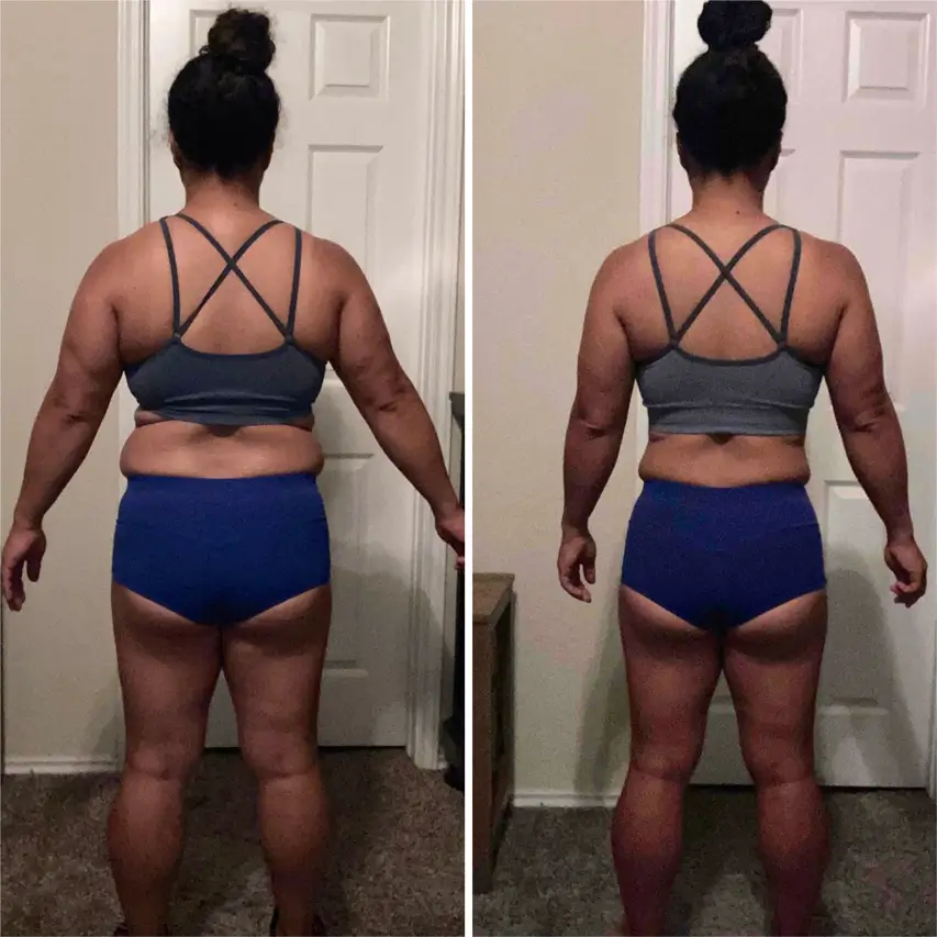 Before and after image of a woman from the backside after fitness training