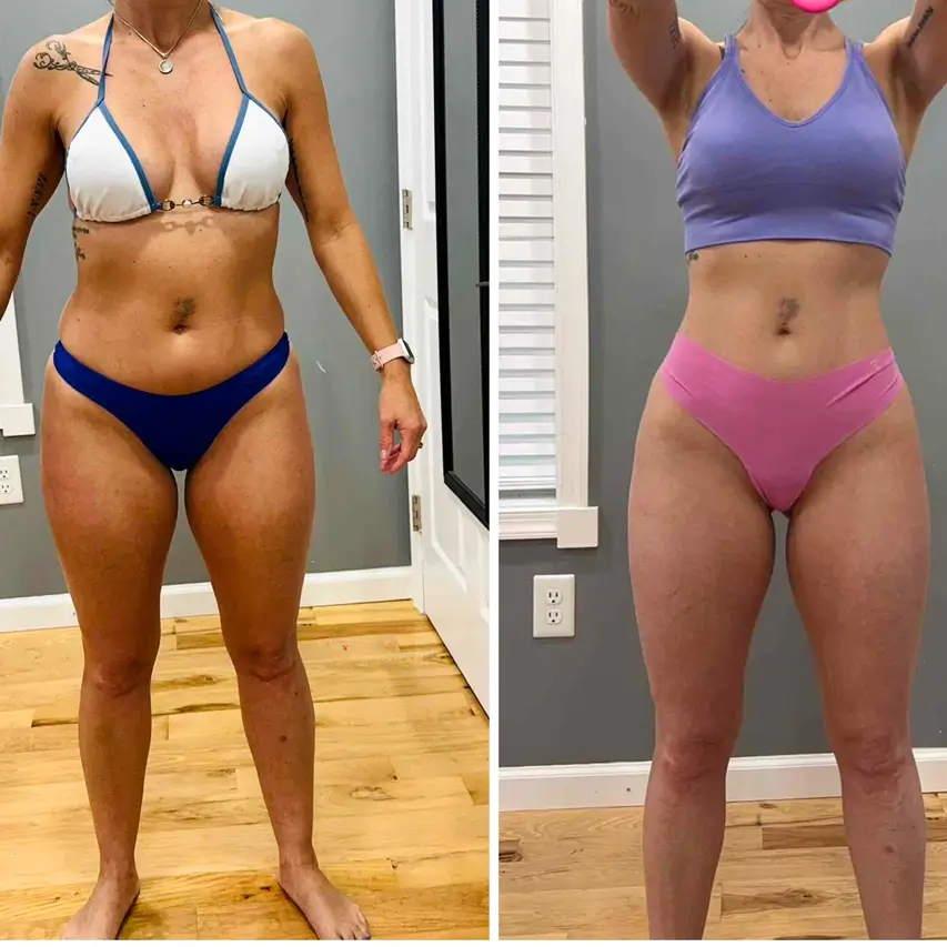 Before and after image of a woman from the neck down after fitness training