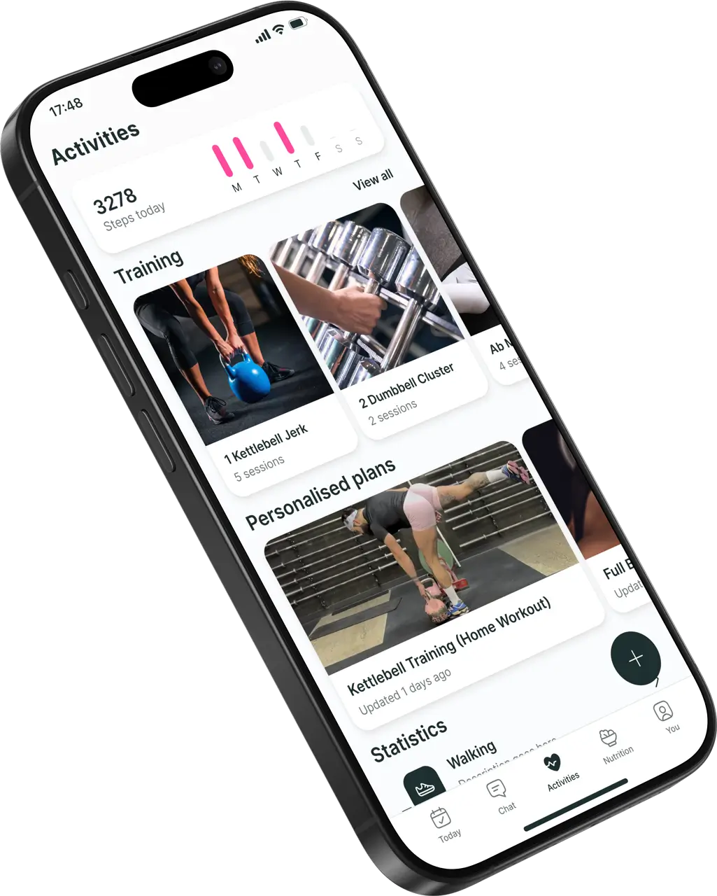 Mobile device showing fitness app's workout features